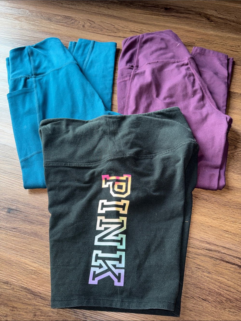 PINK Victoria's Secret Black Bike Shorts with Teal & Purple Leggings